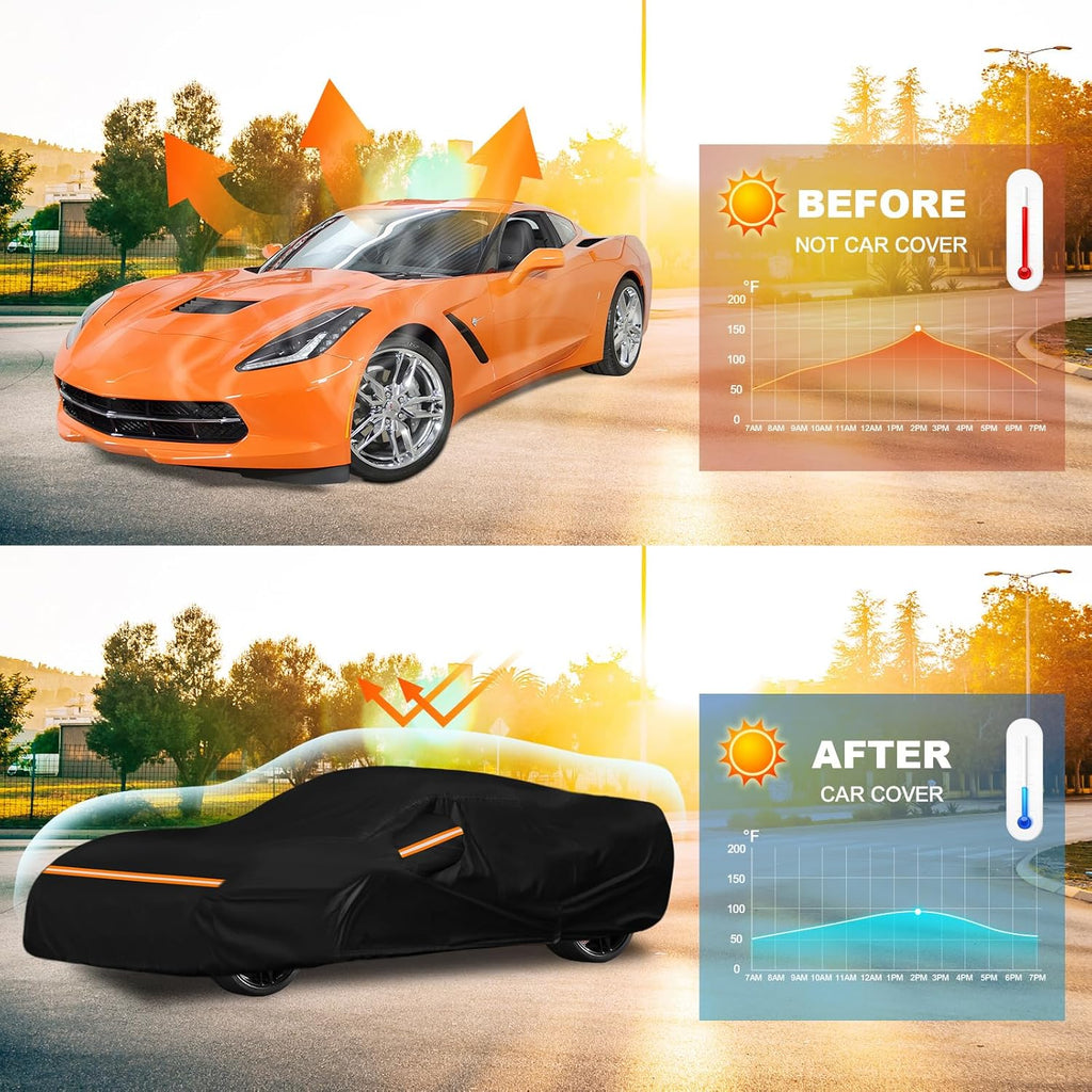 QUNSUNUS Waterproof Car Cover for C7 Corvette 2014-2019, Outdoor Car Covers with Zipper, All Weather Full Exterior Cover with Straps and Elastic Edges for Wind, Sun, UV and Dust Protection