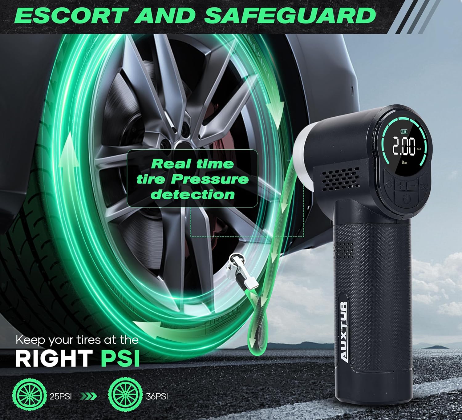 Vehicle Tire Inflator Portable Air Compressor & Inflator(150PSI),TYPE-C 6000mAH Car Tire Pump with Light, Digital Tire Pressure Gauge, Air Pump-Car Motorcycle Accessories