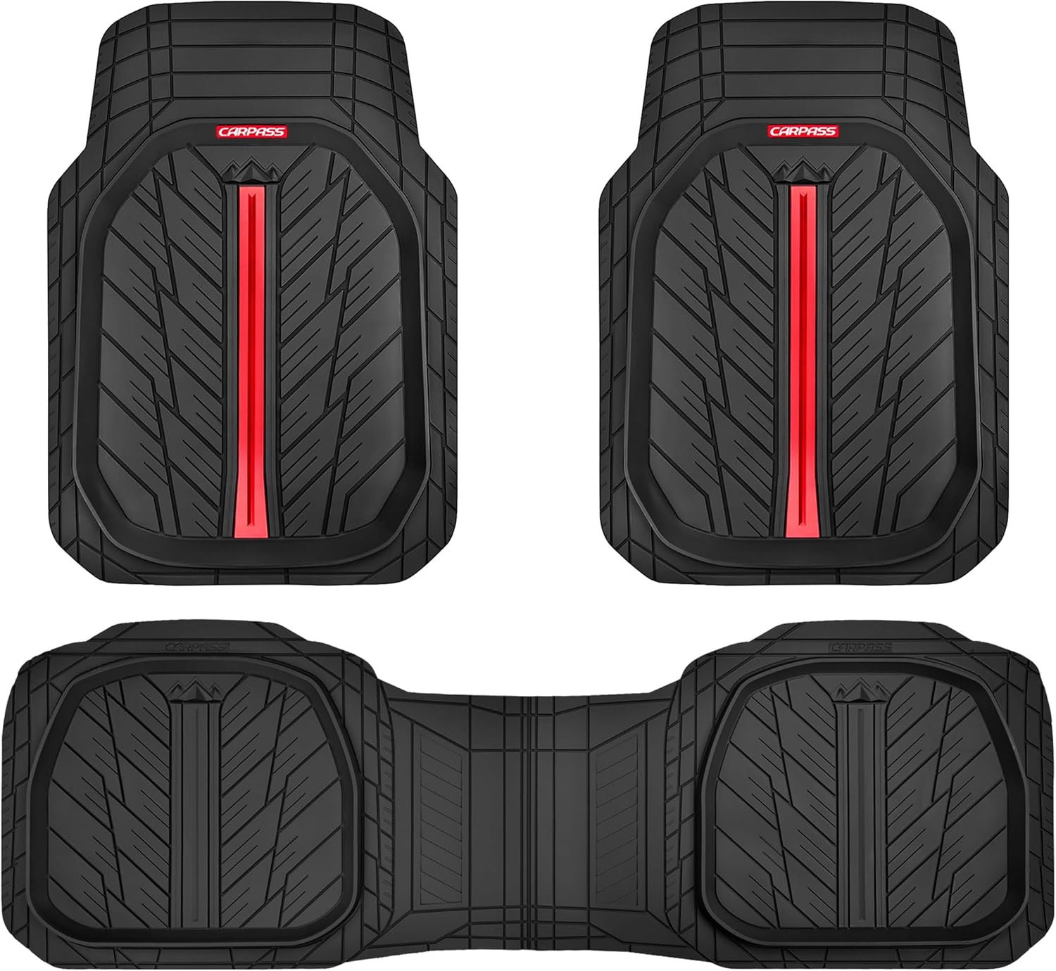 CAR PASS Tire Tread DeepDish Rubber Floor Mats for car Heavy Duty car mats All Weather, Universal XL~M Trim to Fit for Truck SUV Vehicle Automotive, Waterproof car mats 3 Piece (red Black)