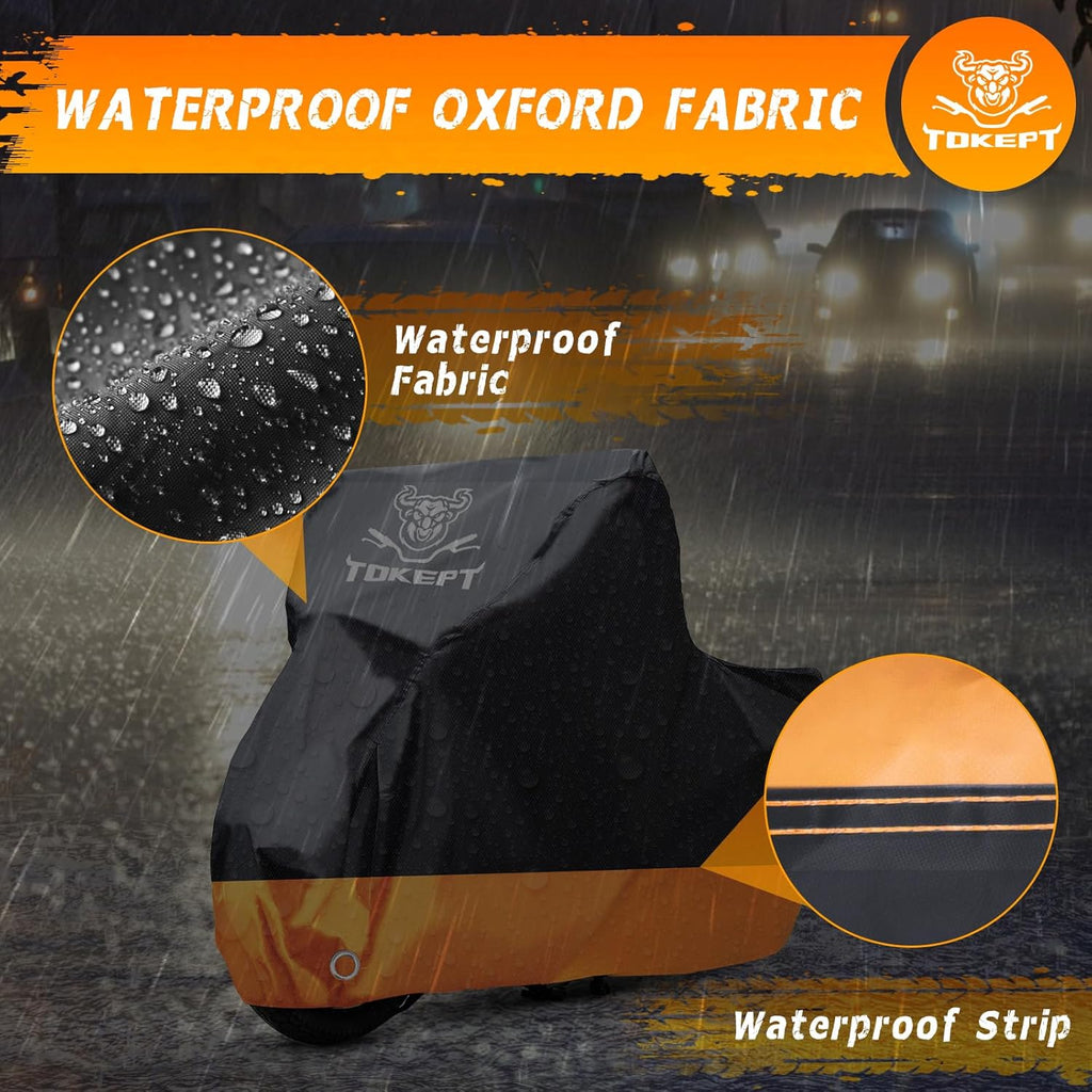 Motorcycle Cover, All-Season Waterproof Outdoor Sun Protection Fit up to 104 Inch Harley-Davidson Honda Suzuki Kawasaki Yamaha (XXL Black&Orange)
