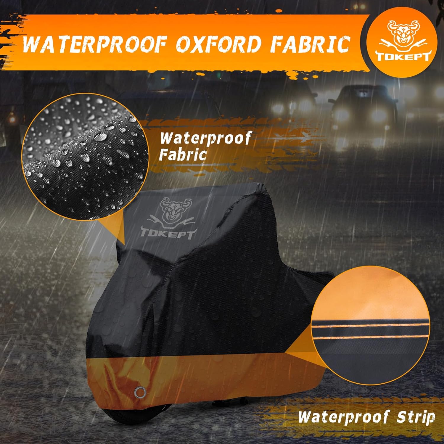 Motorcycle Cover, All-Season Waterproof Outdoor Sun Protection Fit up to 116 Inch Harley-Davidson Honda Suzuki Kawasaki Yamaha (XXXL Black&Orange)