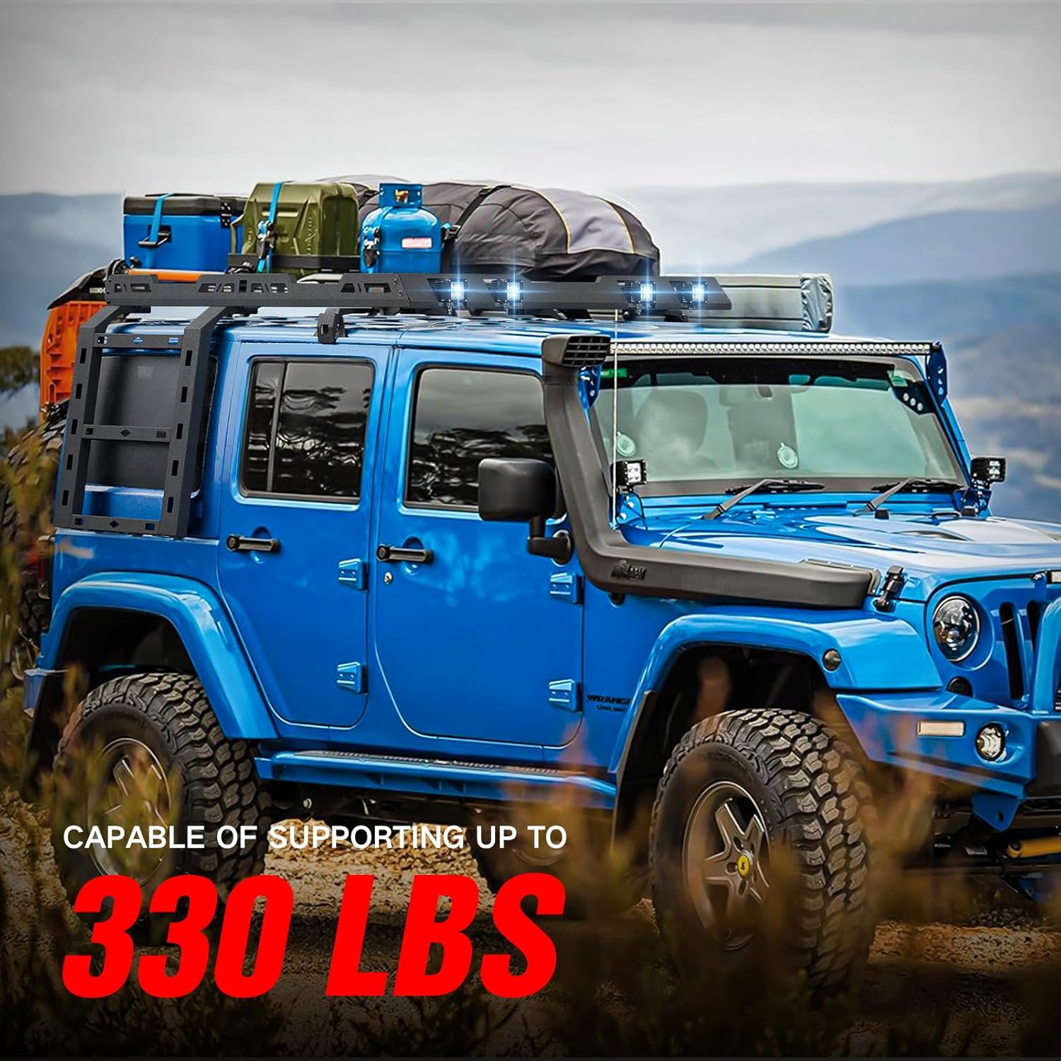 for JK JKU Roof Rack Hard Top Cargo Basket with Ladder & 4 LED Lights Compatible with 2007-2018 Jeep Wrangler JK JKU Unlimited 4 Doors Hardtop, Rooftop Rack Carrier Luggage Storage Holder