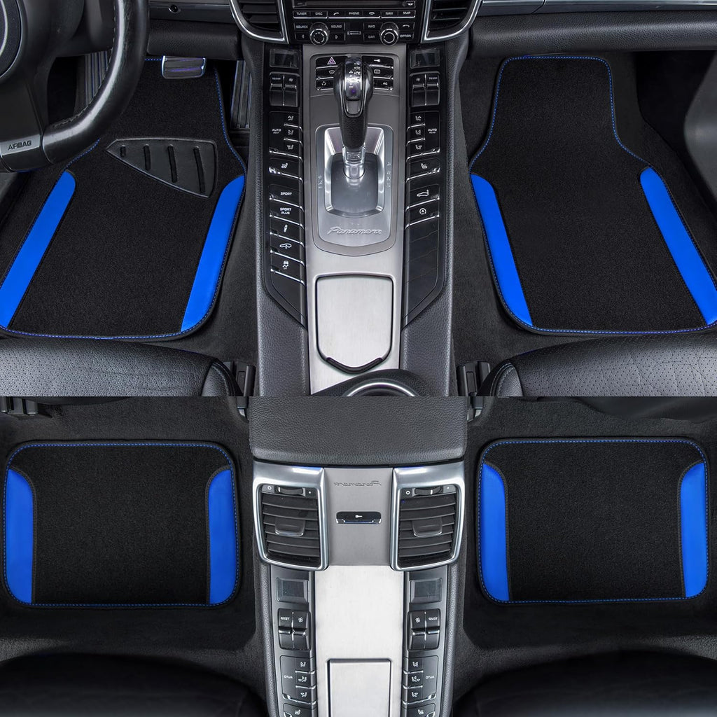 CAR PASS Rainbow Waterproof Universal Fit Faux Leather Car Carpet- Anti-Slip Nibbed Backing Floor Mats for SUV, Vans, Sedans, Trucks, Automotive Set of 4pcs (Black with Blue)