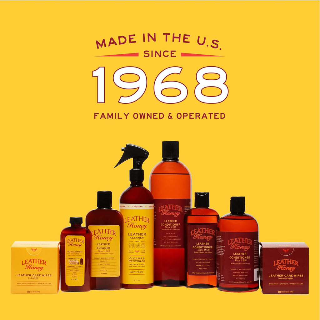 Leather Honey Leather Conditioner & Cleaning Kit for use on Leather Apparel, Furniture, Auto Interiors, Shoes, Bags and Accessories. Conditioner, Cleaner and 2 Lint-Free Cloths.