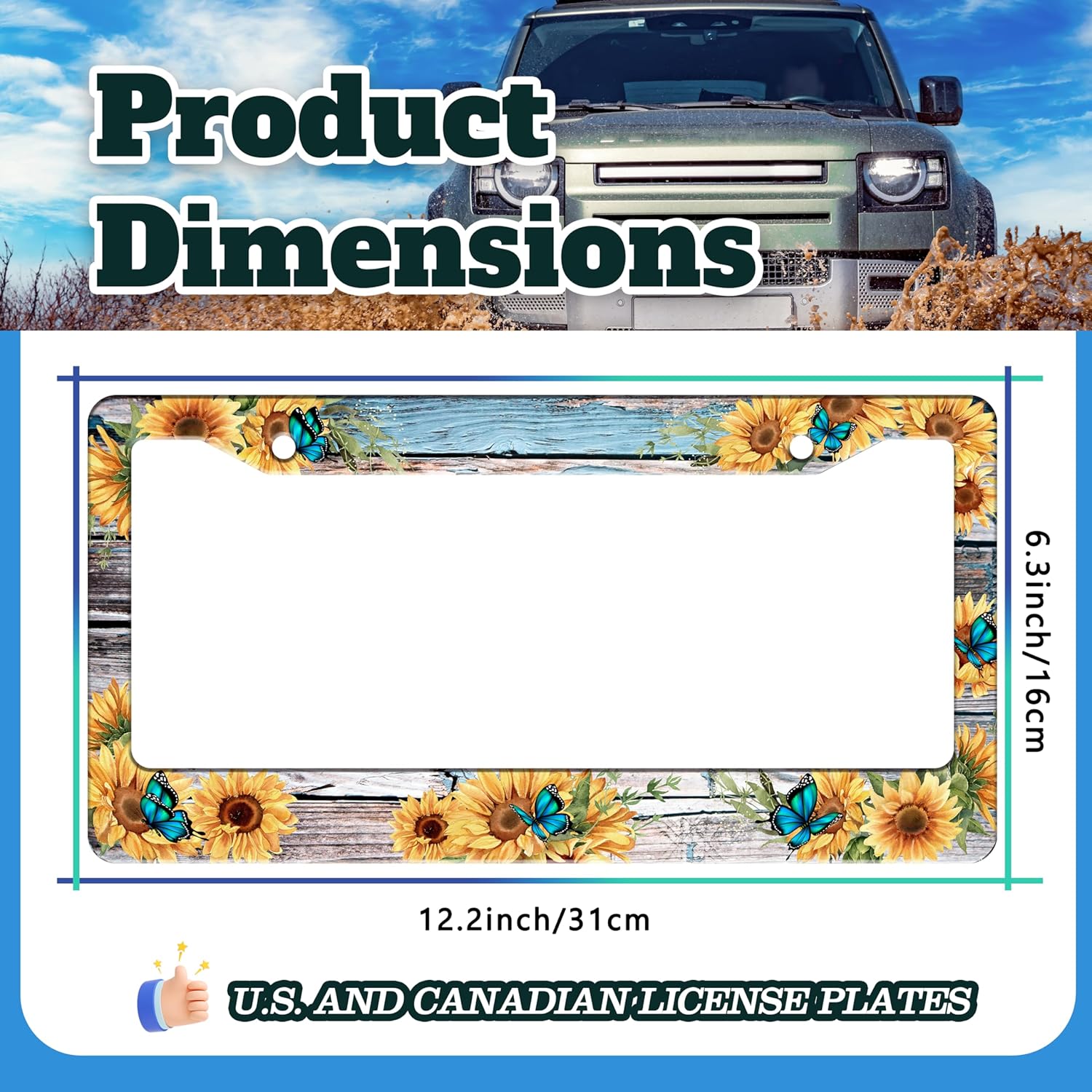 Blue Butterfly Sunflower License Plate Frame Wooden Board Flowers Animals License Plate Holder for Front or Rear Car Tags Stainless Steel Funny Car Decoration with Screws 6.3 X 12.2 in