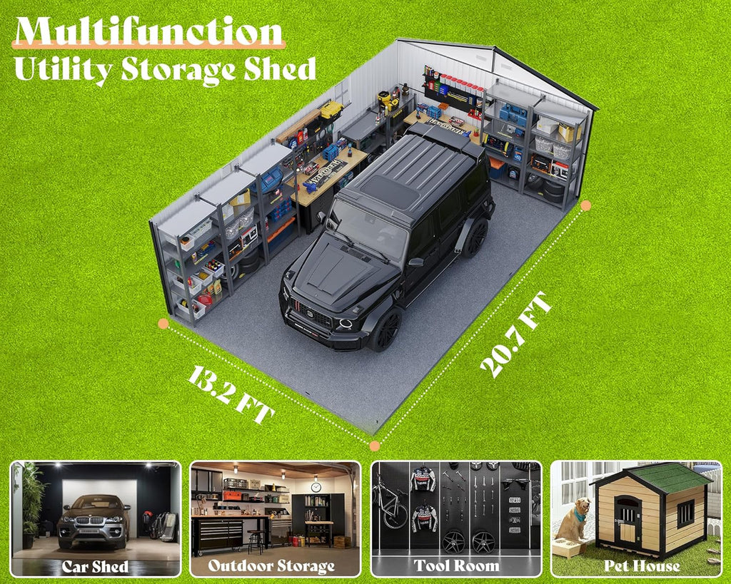 AMERLIFE 13.2x21x8 FT Outdoor Metal Garage Shed, Extra Large Storage Shed with Double Hinged Doors, 4 Windows, Carport for Car, Truck, Bike and Lawn Equipment, Dark Grey