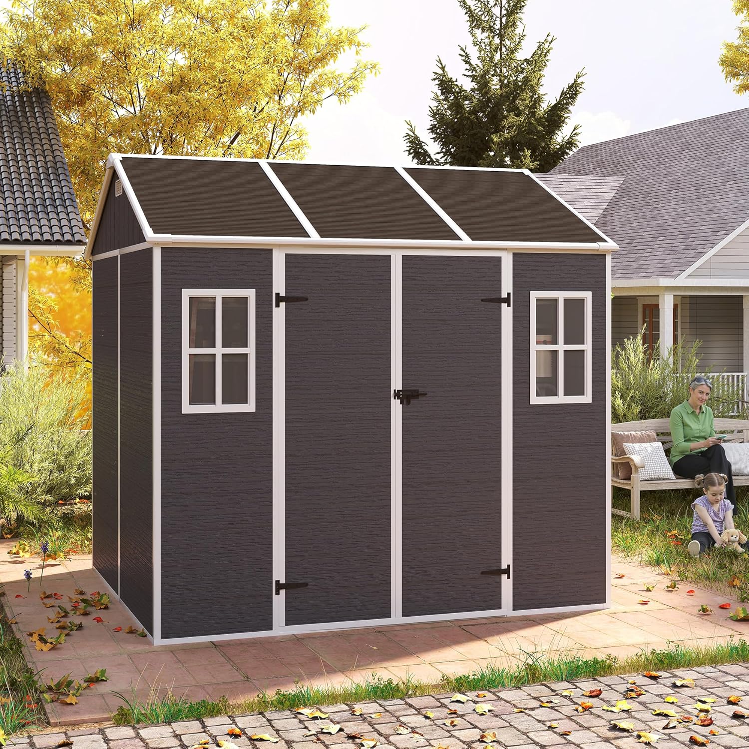 MyVoice 8x7 FT Outdoor Resin Storage Shed with HD Window, Rustproof Waterproof Garden Tool Shed, 12mm Thickened PP Panels, Large Capacity Outdoor Utility House for Backyard Patio (with Floor)