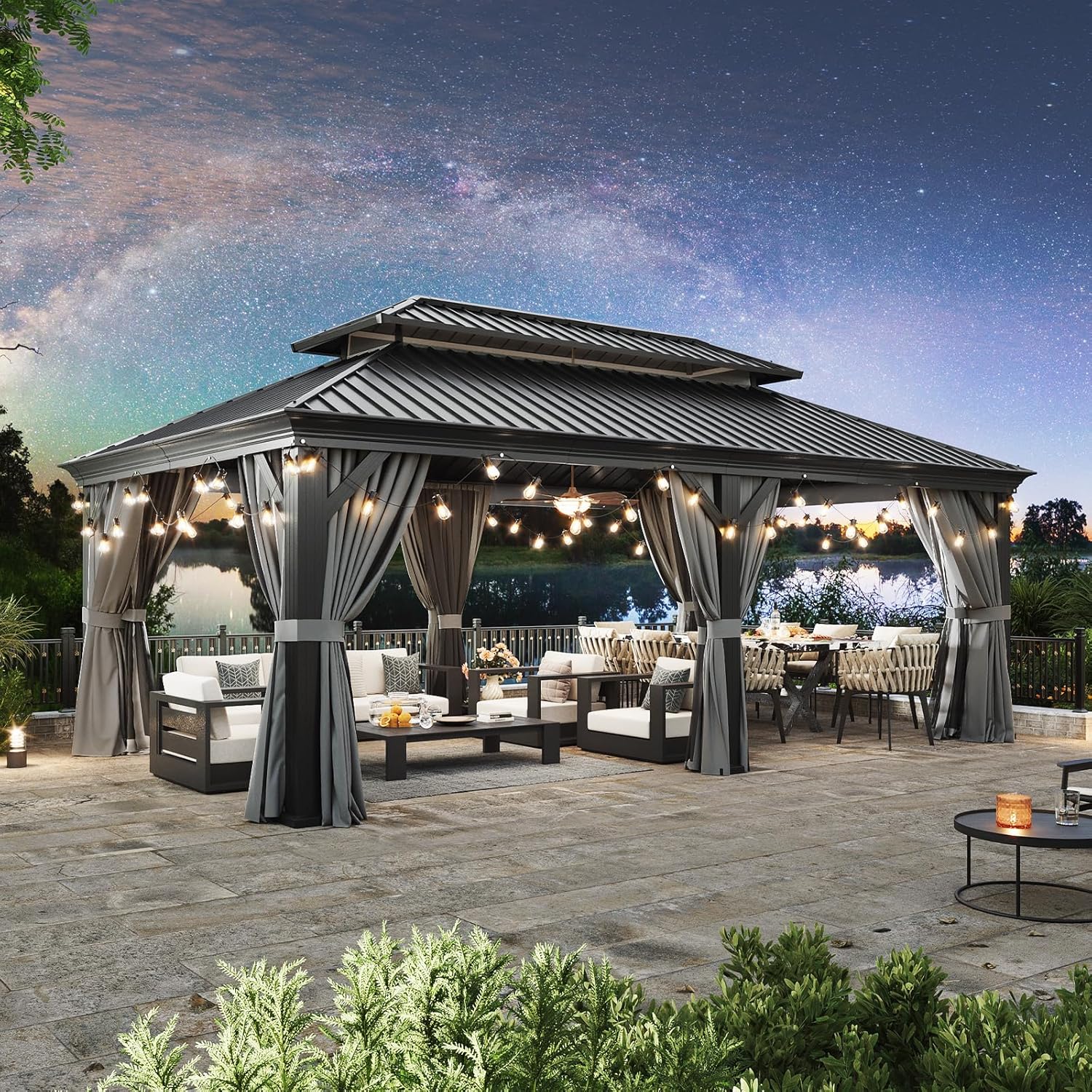 Aoxun 12' X 20' Hardtop Gazebo, Aluminum Outdoor Gazebo with Galvanized Steel Double Roof, Patio Permanent Metal Pavilion with Netting, for Garden, Deck, Grey, Square Foundation