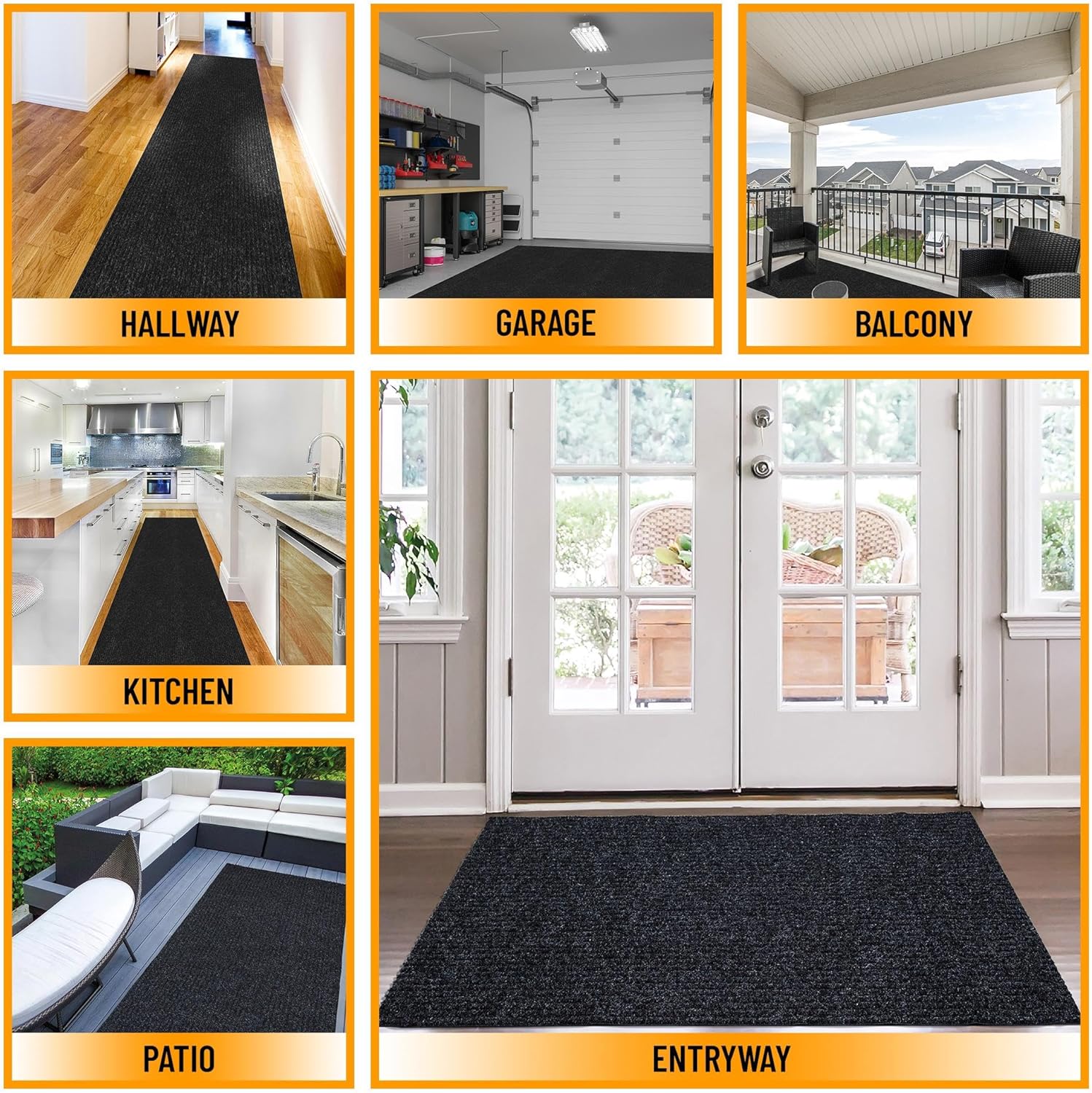 Ottomanson 2' x 17' Hallway Runner with Scraper Pile Extra Durable Non-Slip Rug Mat for Indoor & Outdoor Use - Ideal for Kitchen, Entryway, Patio & Garage - High-Traffic Carpet, Black