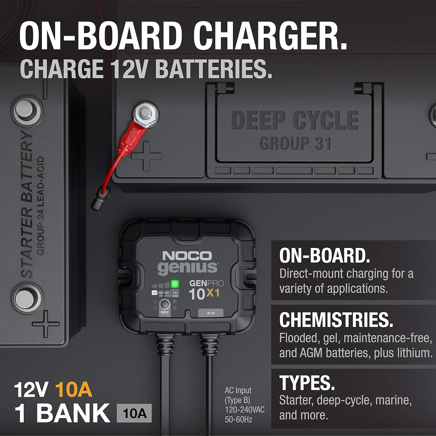 NOCO Genius GENPRO10X1: 1-Bank, 10A Onboard Battery Charger - 10A Per Bank, 12V Waterproof Marine Charger with Overcharge Protection & Temperature Compensation – for Lead-Acid & Lithium Batteries