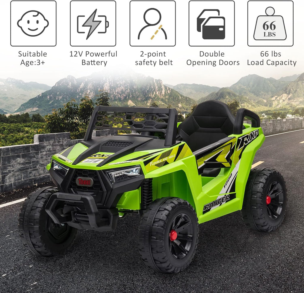 TOBBI 12V Kids Ride on Car, Electric Off-Road UTV Truck with Forward and Reverse Functions, Double Open Doors, Safety Belt, Horn, Music, and Lights for Kids Aged 3-5 Years (Fluorescent Green)