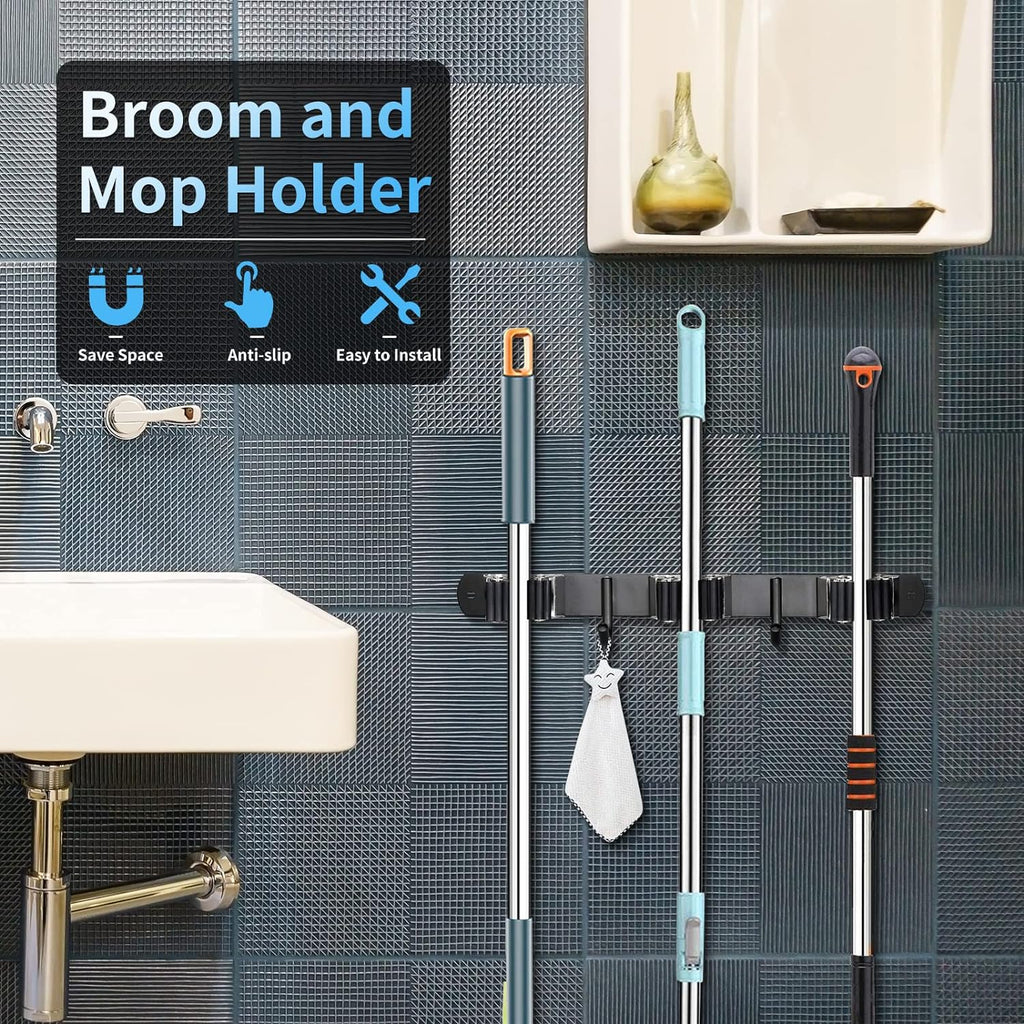 Huryfox Heavy-Duty Stainless Steel Broom Holder, Black, Wall Mount, 1-4 cm Diameter Compatible, Adjustable, 3 Racks, 2 Hooks, Space-Saving