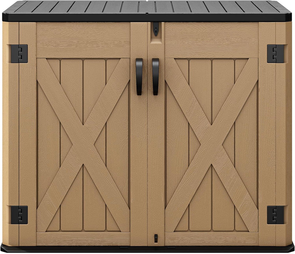 DWVO Outdoor Storage Shed, Weatherproof Resin, 35 Cu Ft Capacity, Horizontal Design, X-Shaped Lockable Door, Suitable for Bike, Garden Tools, Trash Cans, Brown