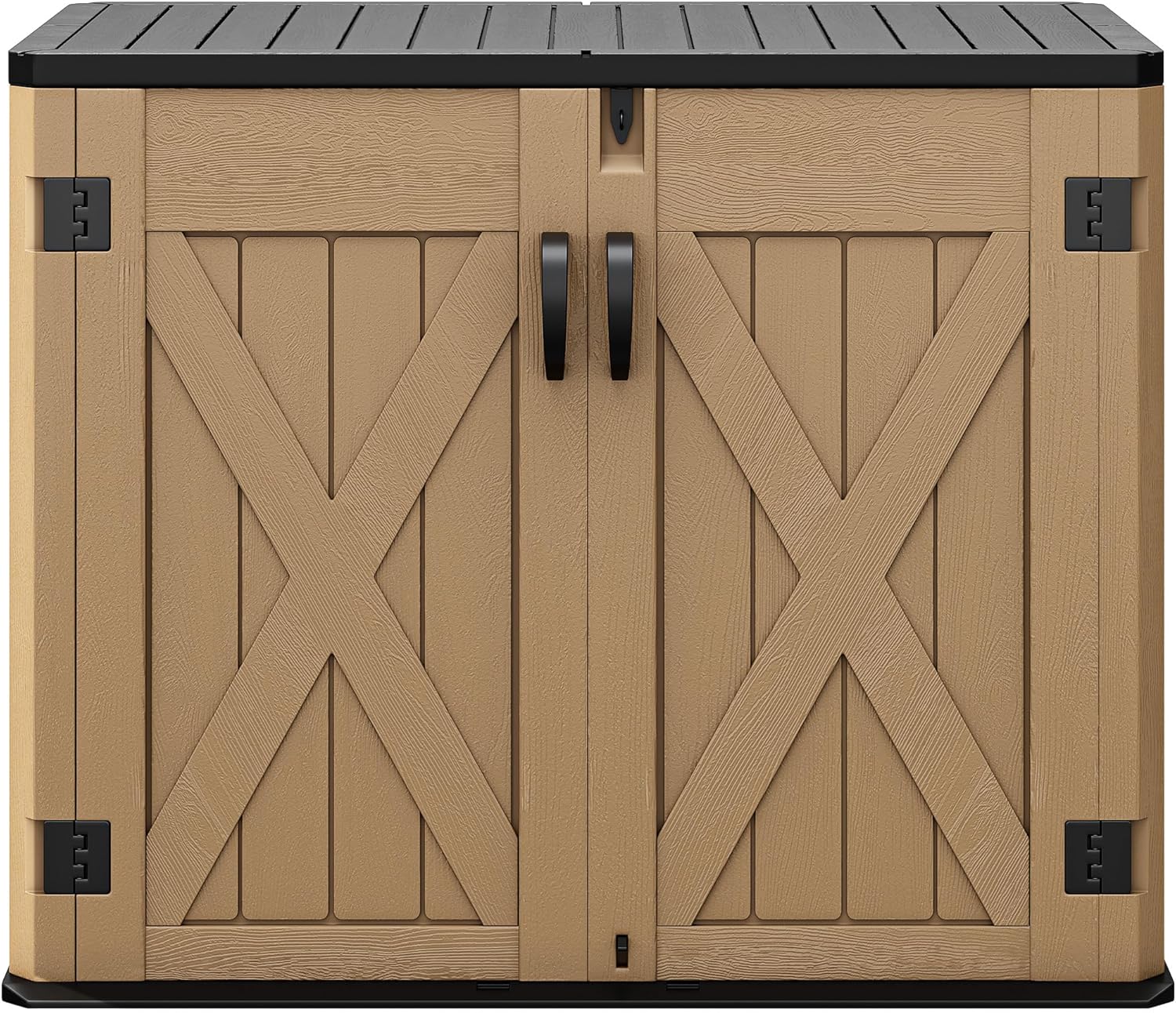DWVO Outdoor Storage Shed, Weatherproof Resin, 35 Cu Ft Capacity, Horizontal Design, X-Shaped Lockable Door, Suitable for Bike, Garden Tools, Trash Cans, Brown