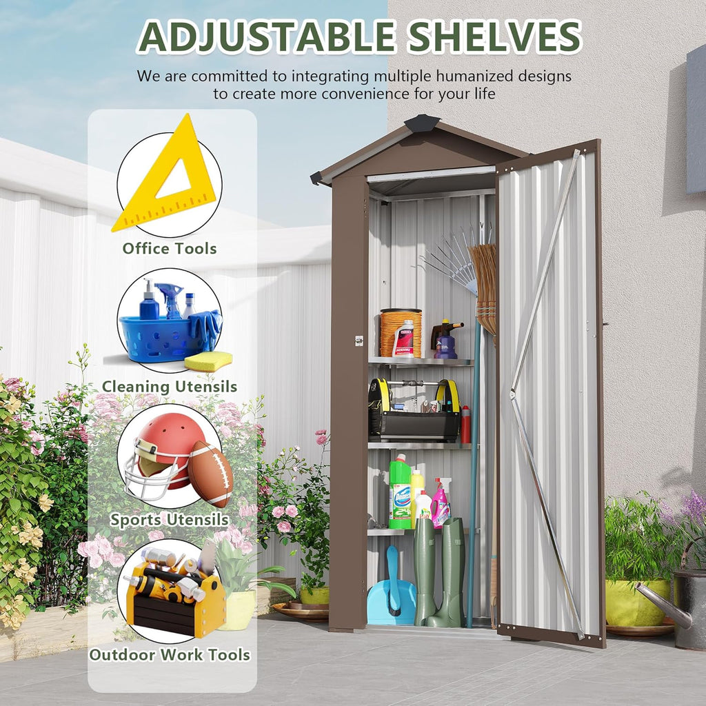 2.5x1.4 FT Outdoor Storage Shed, Small Metal Garden Shed with Adjustable Shelves, Mini Outside Tool Sheds with Lockable Hinged Door, Waterproof Outdoor Storage Cabinet for Backyard, Patio, Lawn, Brown