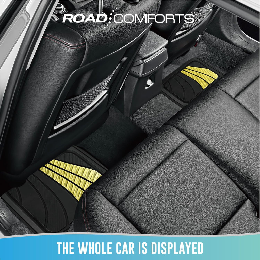Road Comforts Car Floor Mats Full Set – Front & Rear Car Floor Mats with Aluminum Design, Anti-Slip Backing, All-Weather Protection, Trim-to-Fit Car Mats for Most Sedans, SUVs & Vans - Yellow