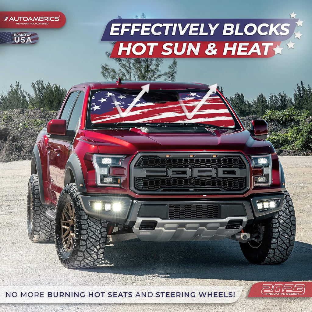 Autoamerics 1-Piece Windshield Sun Shade USA Art Flag - 2 American Design - Foldable Car Front Window Sunshade for Most Sedans SUV Truck - Blocks Max UV Rays and Keeps Your Vehicle Cool - Large