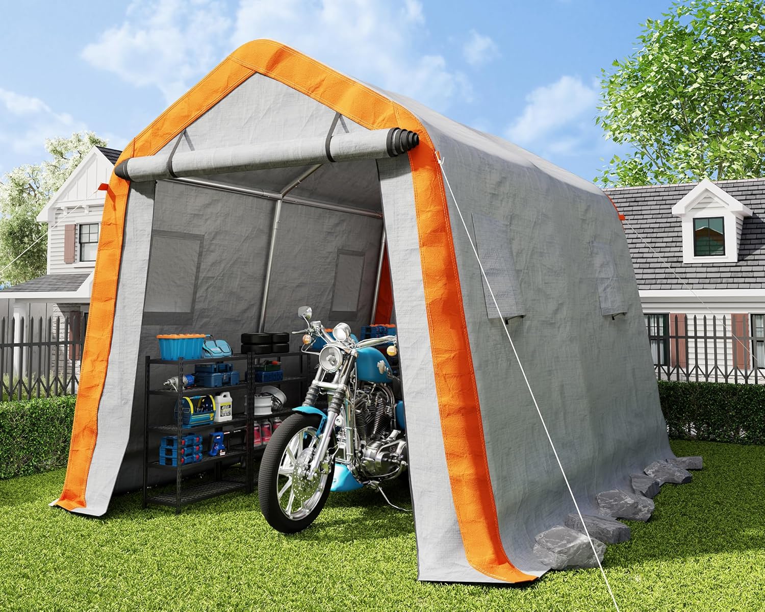 AMERLIFE 8x10x8 FT Heavy Duty Portable Shed Storage Shelter, Outdoor Storage Shed with 4 Waterproof Windows & Roll-Up Zipper Door, Carport for Motorcycle, Bike, Grey