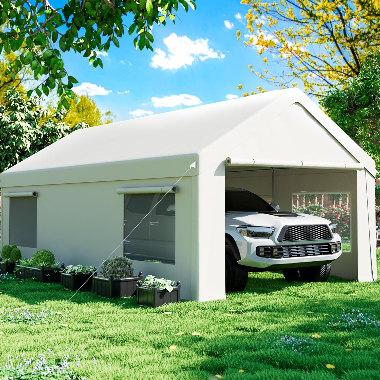 Carport 12' x 20' Heavy Duty Portable Garage, Carport Canopy with Side-Opening Door & Roll-Up Windows, Car Canopy Reinforced Four-Hole Base for Car, Truck, Boat, Party, White