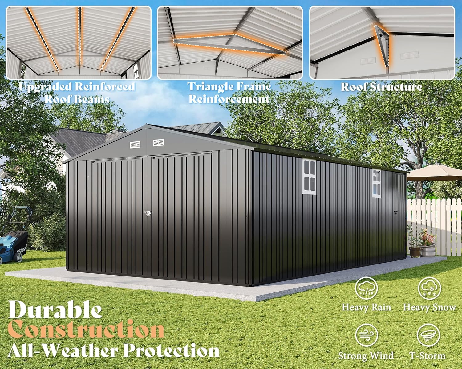 AMERLIFE 13.2x21x8.4 FT Outdoor Metal Garage Shed, Extra Large Storage Shed with Double Hinged Doors, 4 Windows, Carport for Car, Truck, Bicycle and Lawn Equipment, Dark Grey