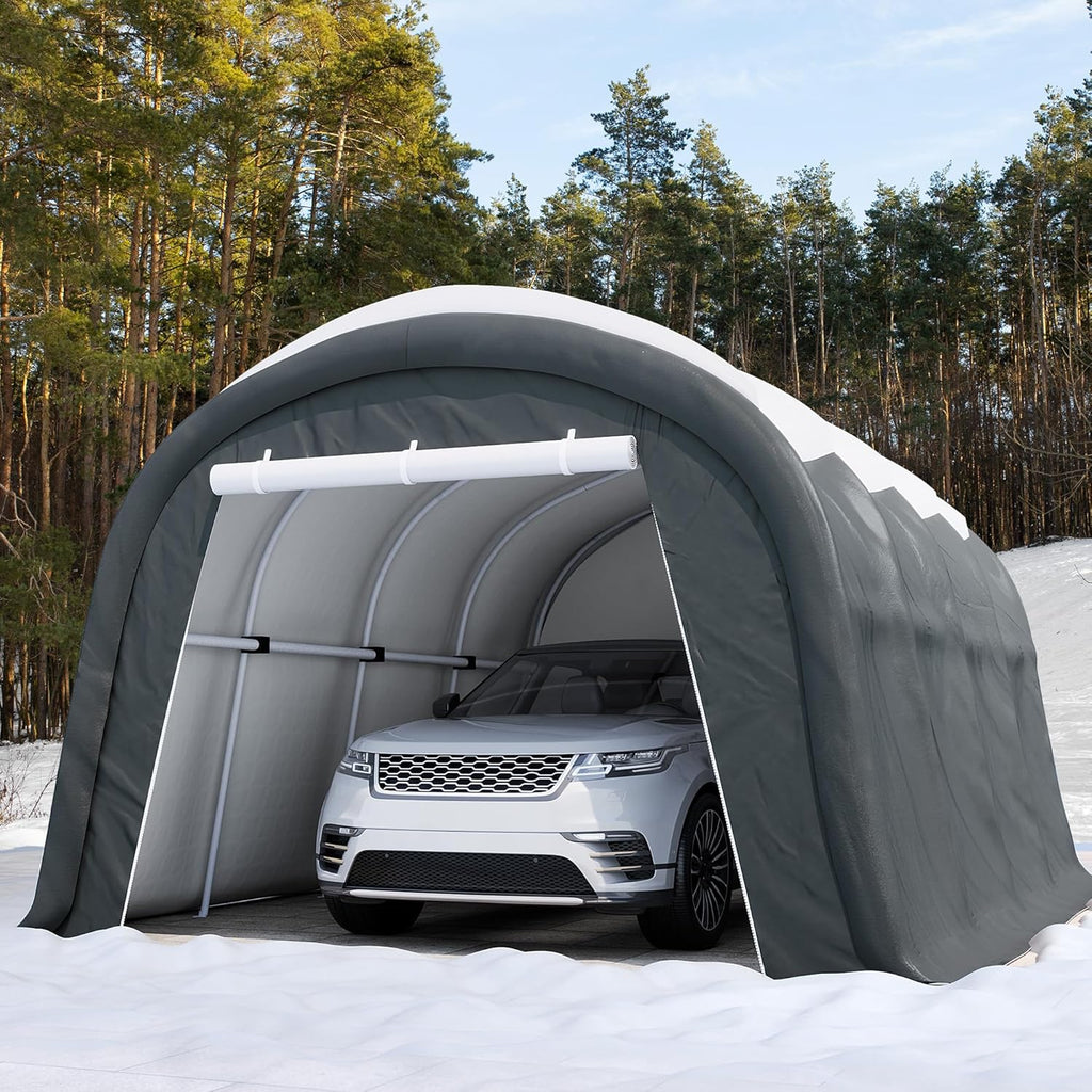 SUNBURY Carport, 10x20 FT Heavy Duty Canopy, Portable Garage with All-Steel Metal Frame & Double Zipper Doors, Round Style Outdoor Storage Shed for Car, Truck, Boat, Patio Furniture, Grey