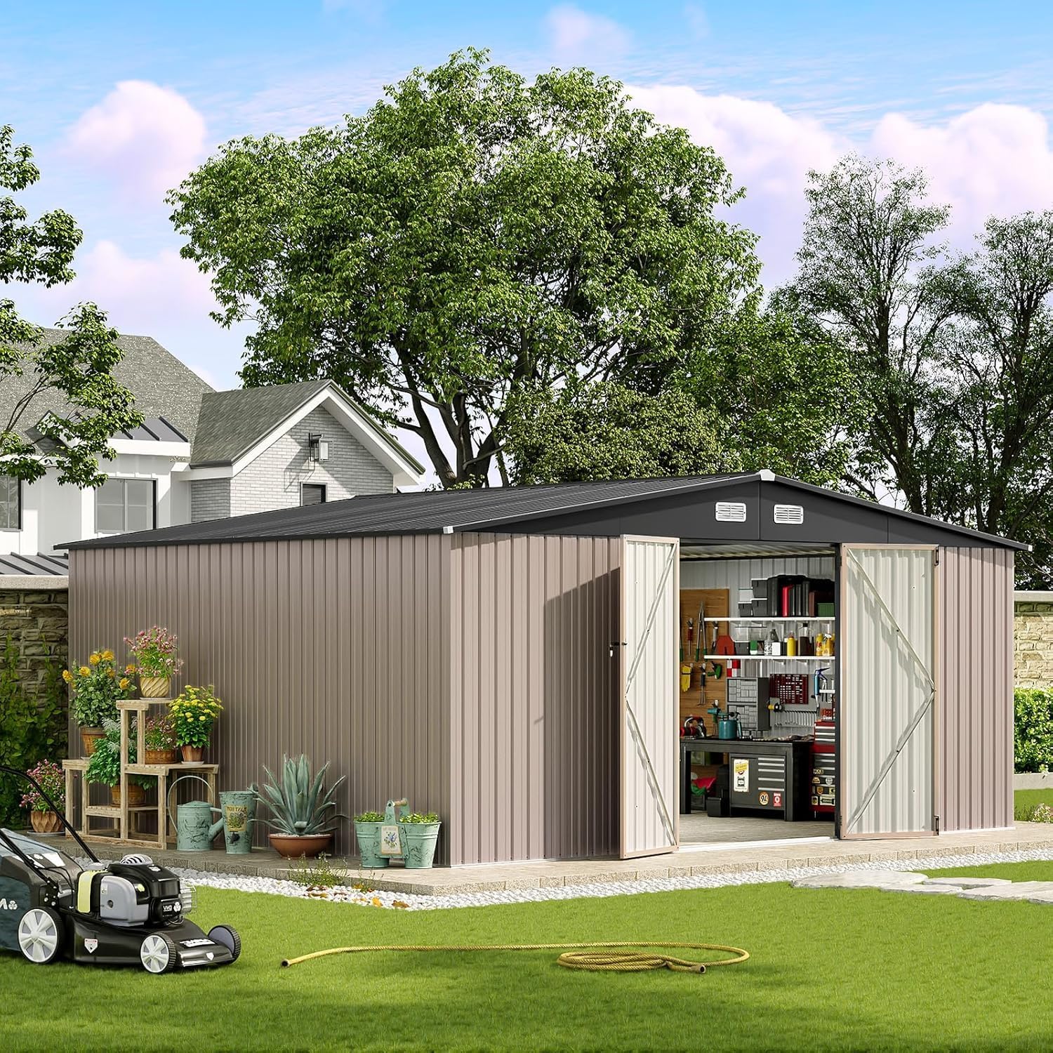 Aoxun 14x12 FT Shed Outdoor Storage Shed with Spacious and Tall Doors, Large Shed Steel Utility Tool Shed Storage House with Door & Lock, Metal Sheds with Sloped Roof for Garden Patio Poolside, Brown