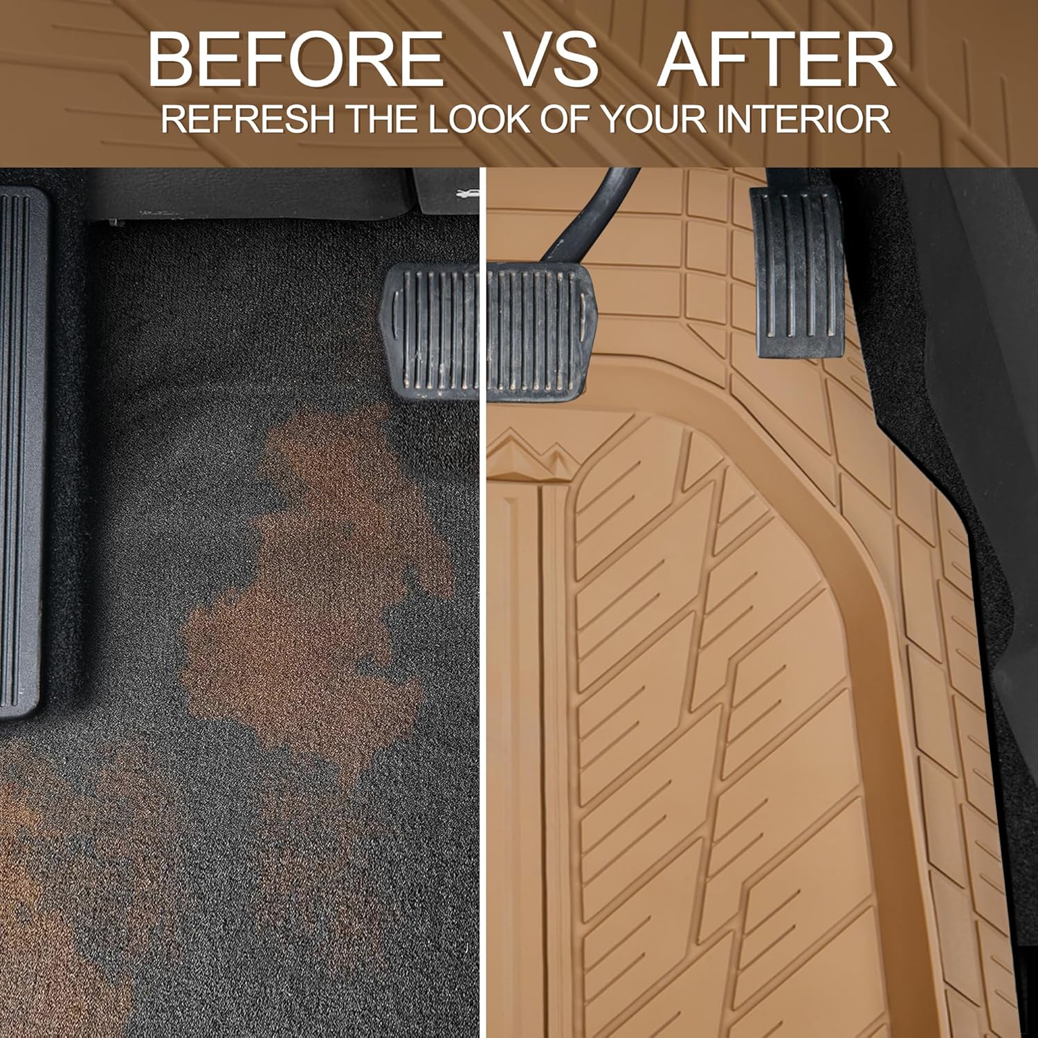 CAR PASS Tire Tread DeepDish Rubber Floor Mats for car Heavy Duty car mats All Weather, Universal XL~M Trim to Fit for Truck SUV Vehicle Automotive, Waterproof car mats 3 Piece Solid Beige