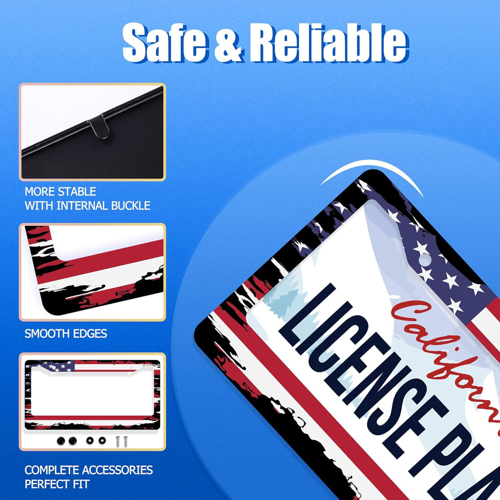 Vintage American Flag License Plate Frame USA Flag License Plate Stainless Steel Funny License Plate Holder Patriotic Car Accessories With Screws Car Decoration 12.3" x 6.3"Fits Standard Vehicles Size