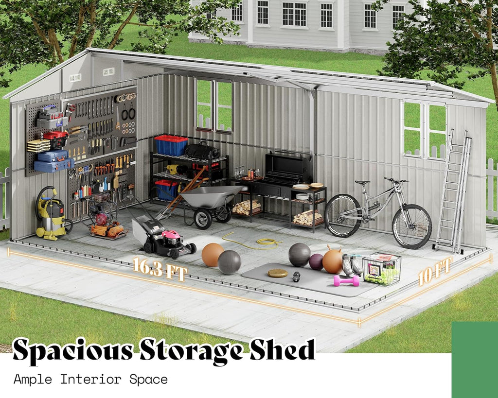 AMERLIFE 10x16.3x7 FT Galvanized Steel Storage Shed with Dual Transparent Panels, 4 4-Pane Windows & Hinged Double Doors, Outdoor Shed for Backyard, Garden, Patio, Dark Grey/White