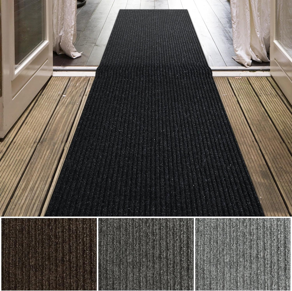 iCustomRug Spartan Weather Warrior Indoor/Outdoor Utility Ribbed Carpet Runner with Non-Slip Thermoplastic Rubber Backing, 3ft X 56ft in Black