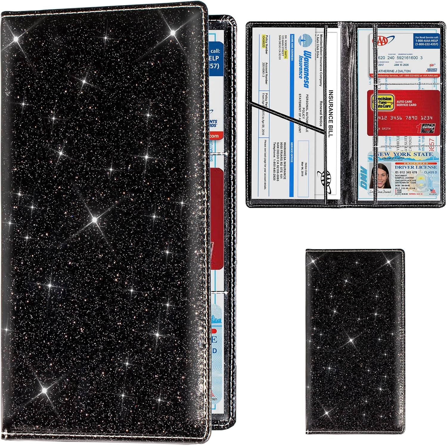 TOURSUIT Car Registration and Insurance Card Holder, Vehicle License Document Glove Box Compartment Organizer, Interior Car Accessories for Women Men Teens (Glitter Black)