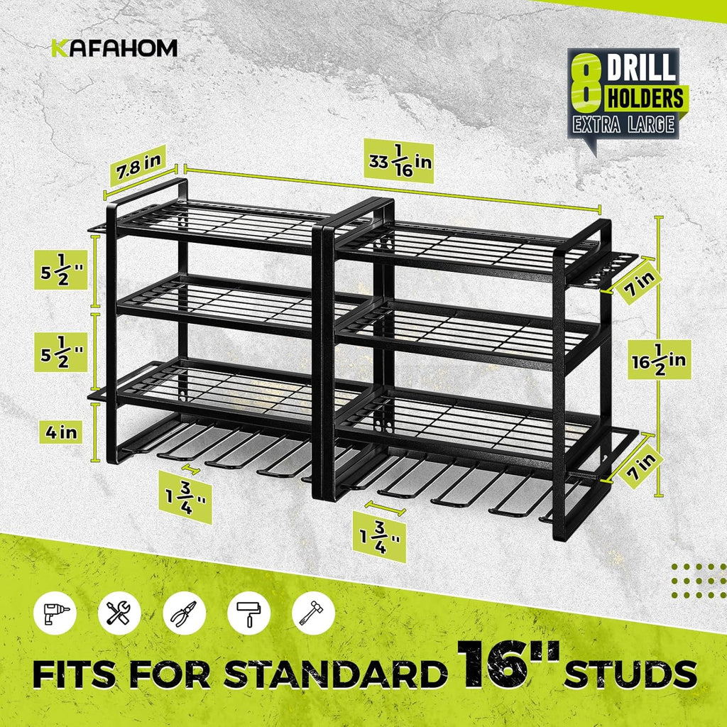 KAFAHOM Power Tool Organizer Wall Mount, 4-Tier Drill Holder for Cordless Tools, 2-Pack Set, Garage Storage Rack with Side Hooks for Hammers & Pliers, Tool Organizer for Workshop/Utility Room