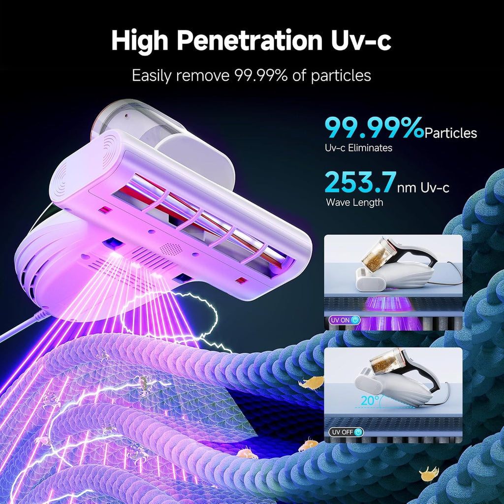 uwant Bed Cleaner with 16Kpa Suction Metal Roller 253.7nm Uv-c Light Mattress Vacuum Cleaner 36000RPM/Min 149℉ Heating HEPA Filter&Ultrasonic Mattress Vacuum for Sofa, Pillow, Bed Throws, Vanilla