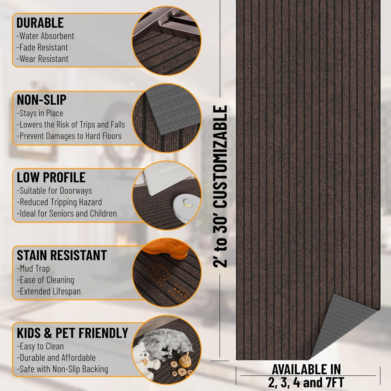 Ottomanson 2'7" x 6' Hallway Runner with Scraper Pile - Extra Durable Non-Slip Rug Mat for Indoor & Outdoor Use - Ideal for Kitchen, Entryway & Garage - High-Traffic Carpet, Brown