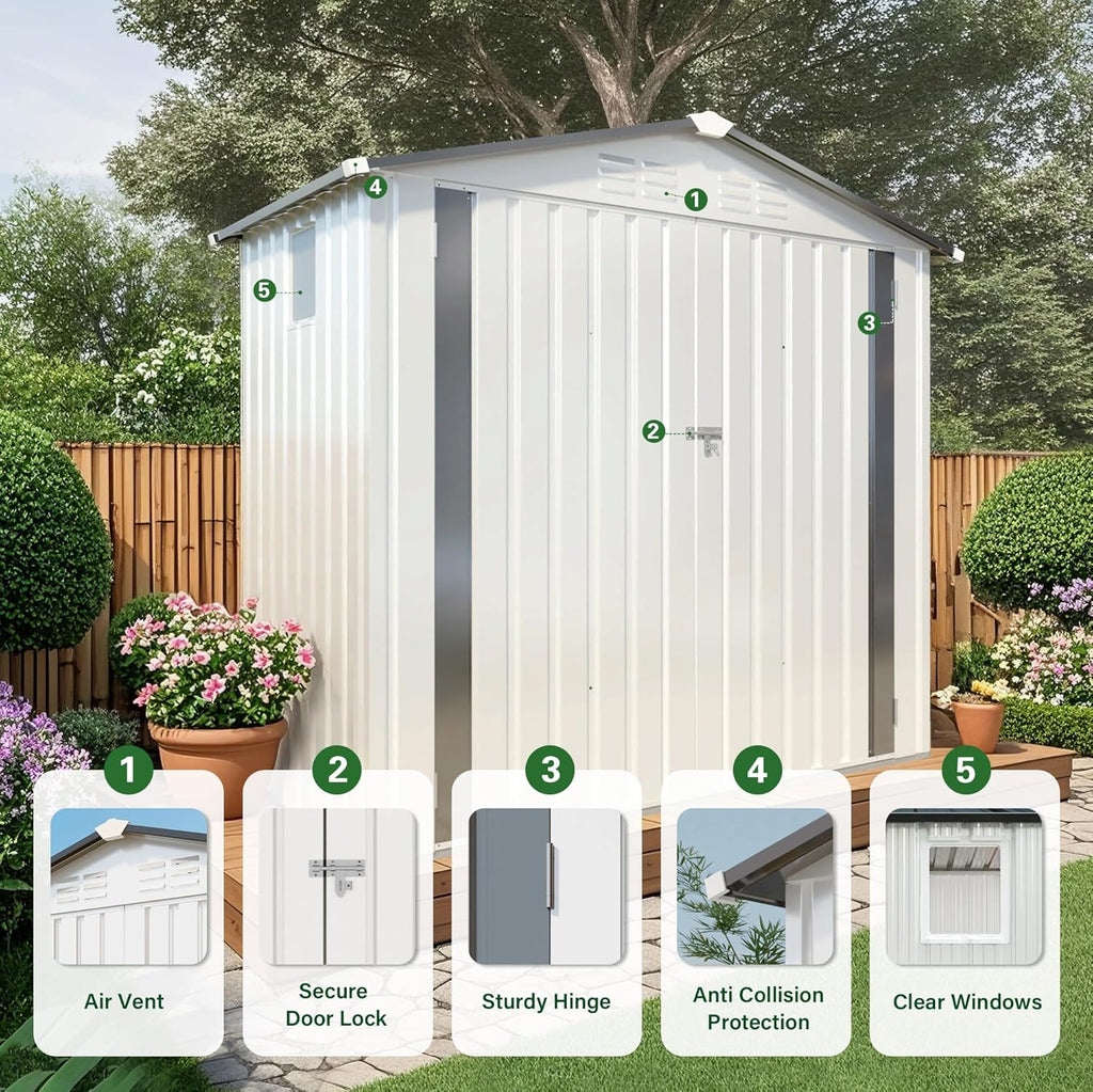 6X3.5 FT Outdoor Storage Shed with Window, Metal Garden Sheds w/Lockable Door and Vents, Waterproof Steel Tool House for Backyard, Patio, Lawn, Sundries & Utility Storage, White