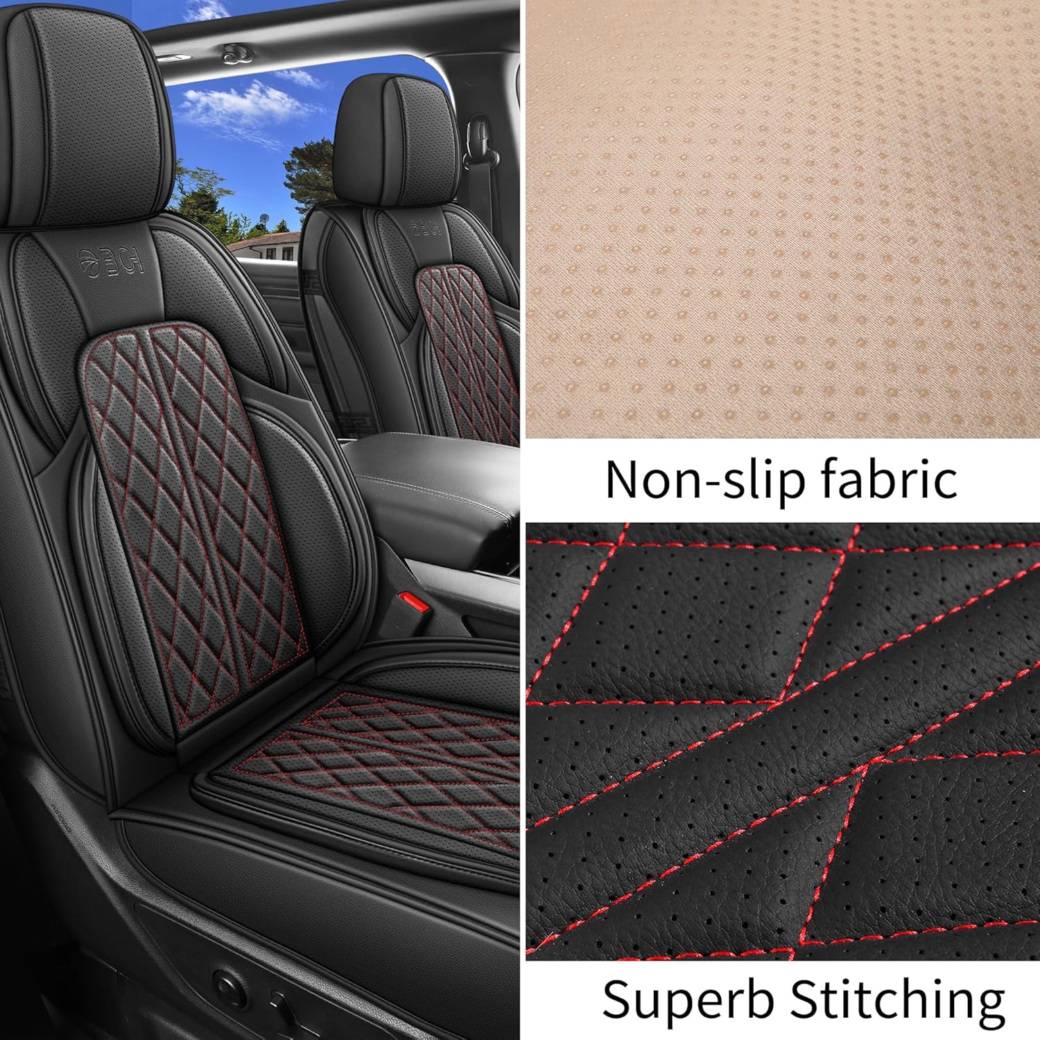 Car Seat Cover Custom Fit for Dodge Ram 1500 2500 3500 2002-2025 Faux Leather Seat Cover Set Compatible with Crew Quad Regular Cab Pickup Truck Cushions (Black Redline, Full Set, Curved Rear)