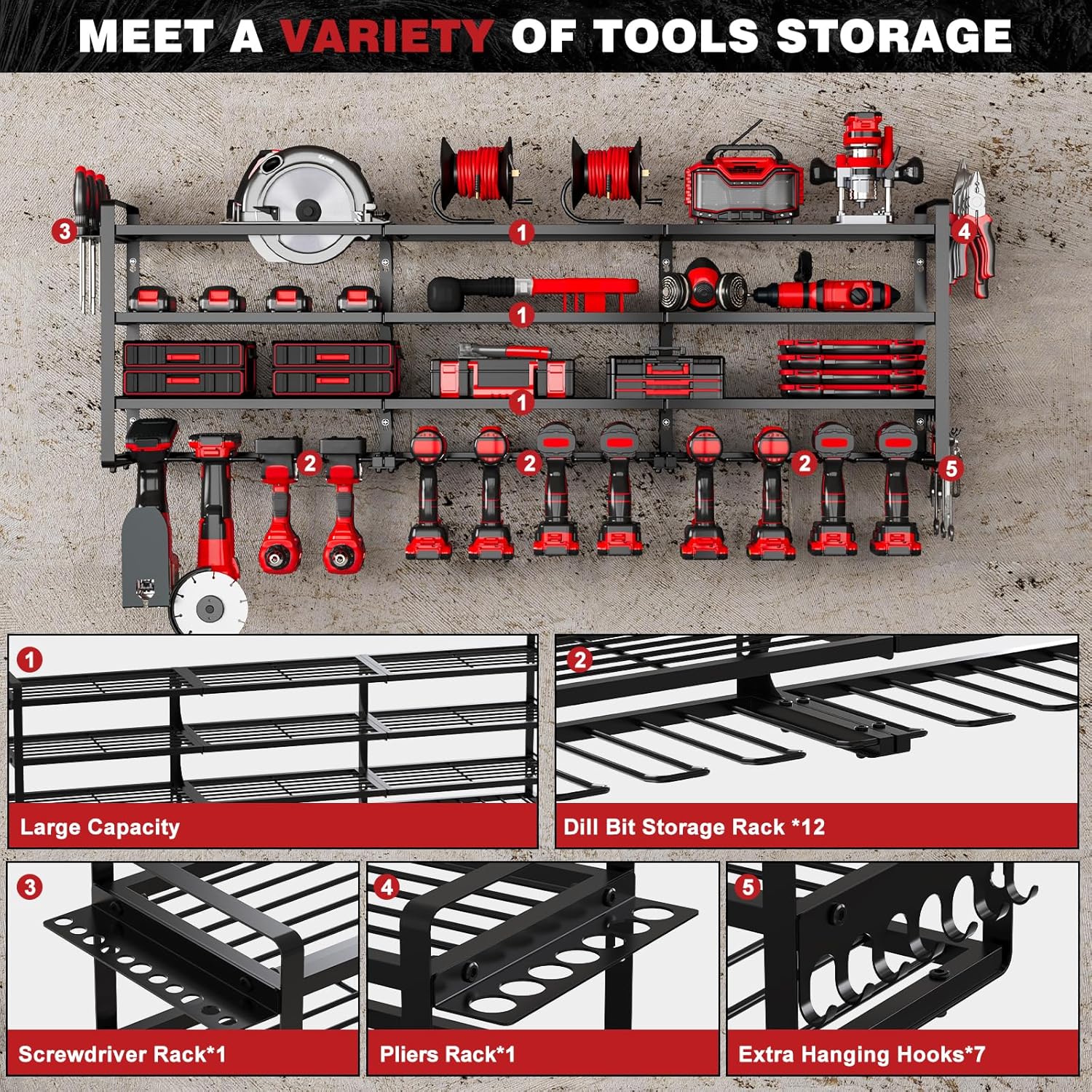 48" Large Power Tools Organizer Wall Mount,12 Drill Holder for Garage, Workshop Heavy Duty Storage Rack