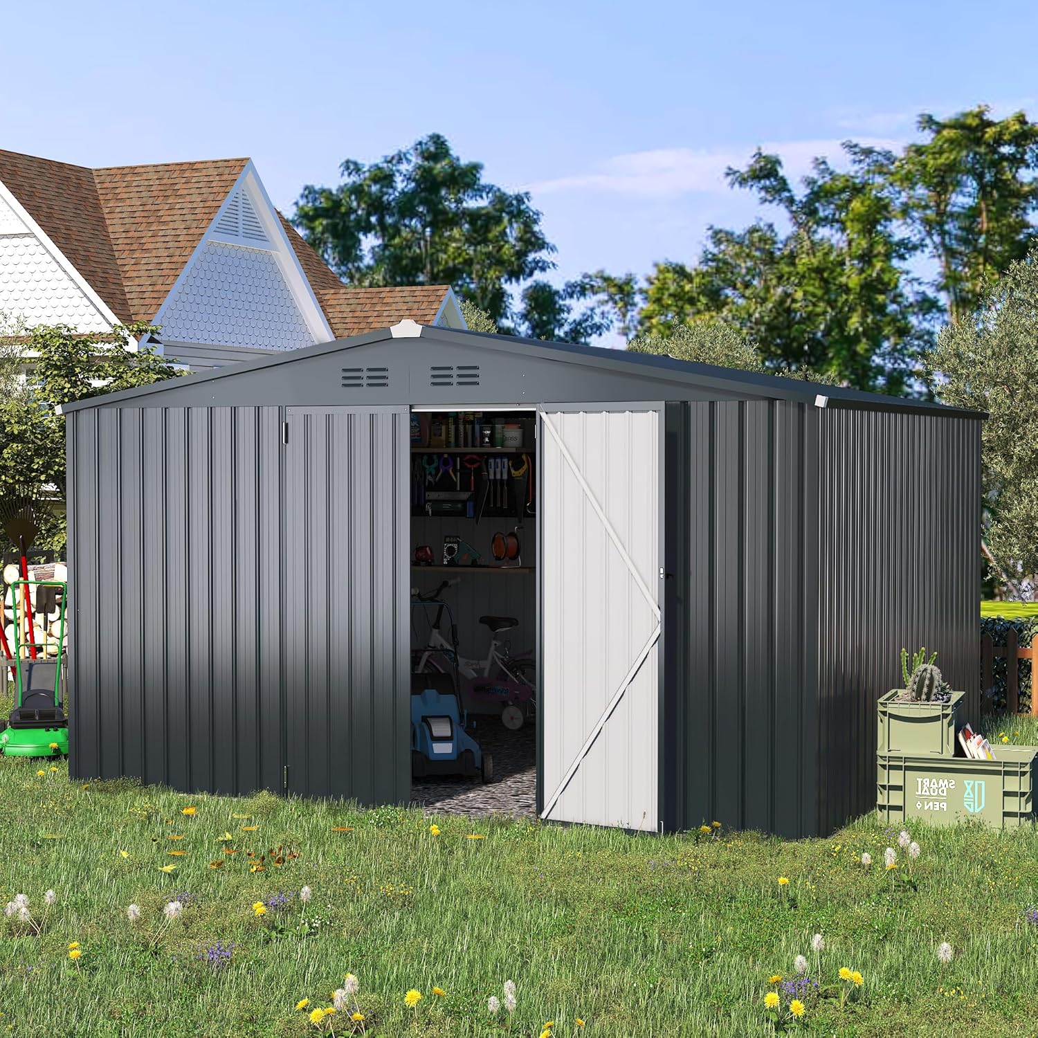 AECOJOY 12' x 10' Outdoor Storage Shed, Dark Grey Large 10x12 Sheds & Outdoor Storage Clearance with Lockable Doors, Utility and Tool Storage Garden Shed Backyard, Patio and Outside use