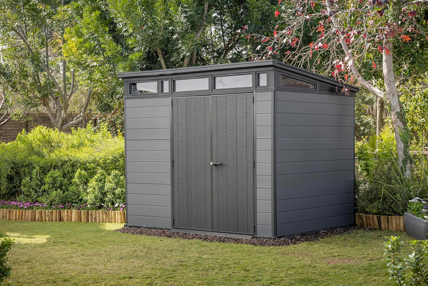 Keter Cortina 9x7 Ft All-Weather Storage Shed with Skylight, Window, Built-in Ventilation, Customizable Walls, & Lockable Double Doors, Graphite