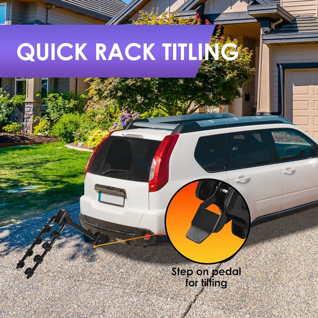 Young 4 Bike Rack Tilting Hitch Mounted with Convenient Pedal for Cars, SUVs and Trucks, Fits 1.25” and 2” Hitches, Carries 4 Bikes