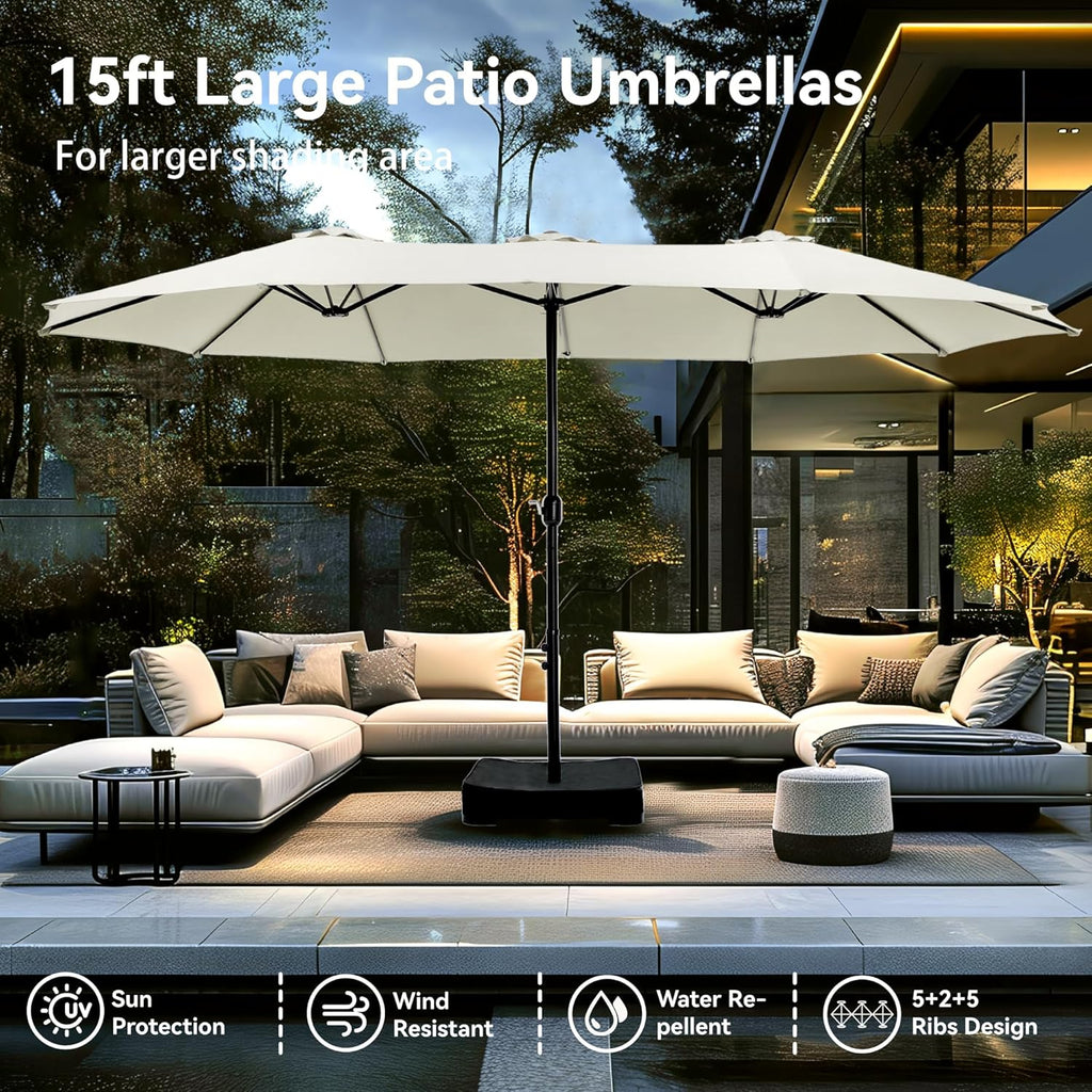 PHI VILLA 15ft Large Patio Umbrellas with Base Included, Outdoor Double-Sided Rectangle Market Umbrella with Stand, Outside Umbrellas for Poolside Lawn Backyard, Ivory