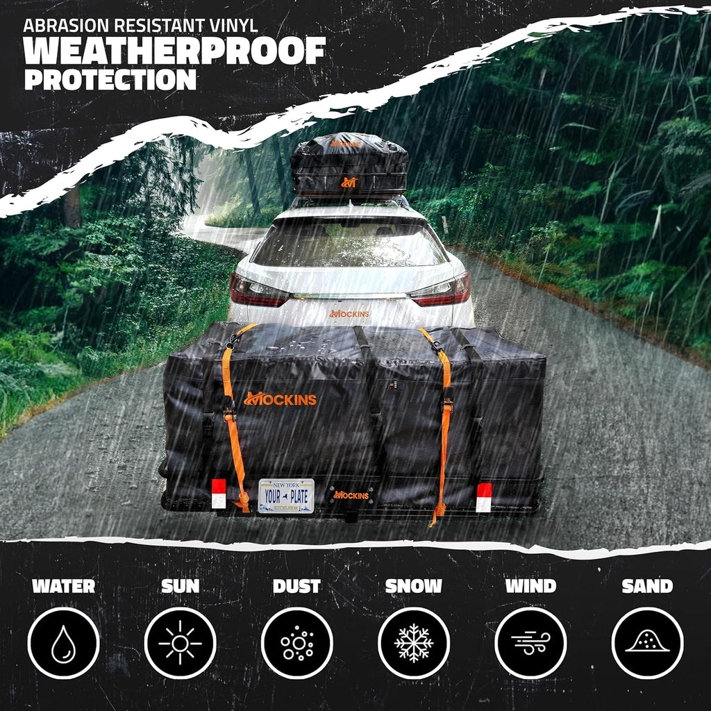 Mockins 60"x20"x6" Heavy Duty Trailer Hitch Cargo Carrier w/License Plate Holder & 16 Cu.Ft. Waterproof Cargo Bag for Hitch Carrier | All-Weather 500 Lbs. Cap Folding Luggage Rack for SUV Car & Truck