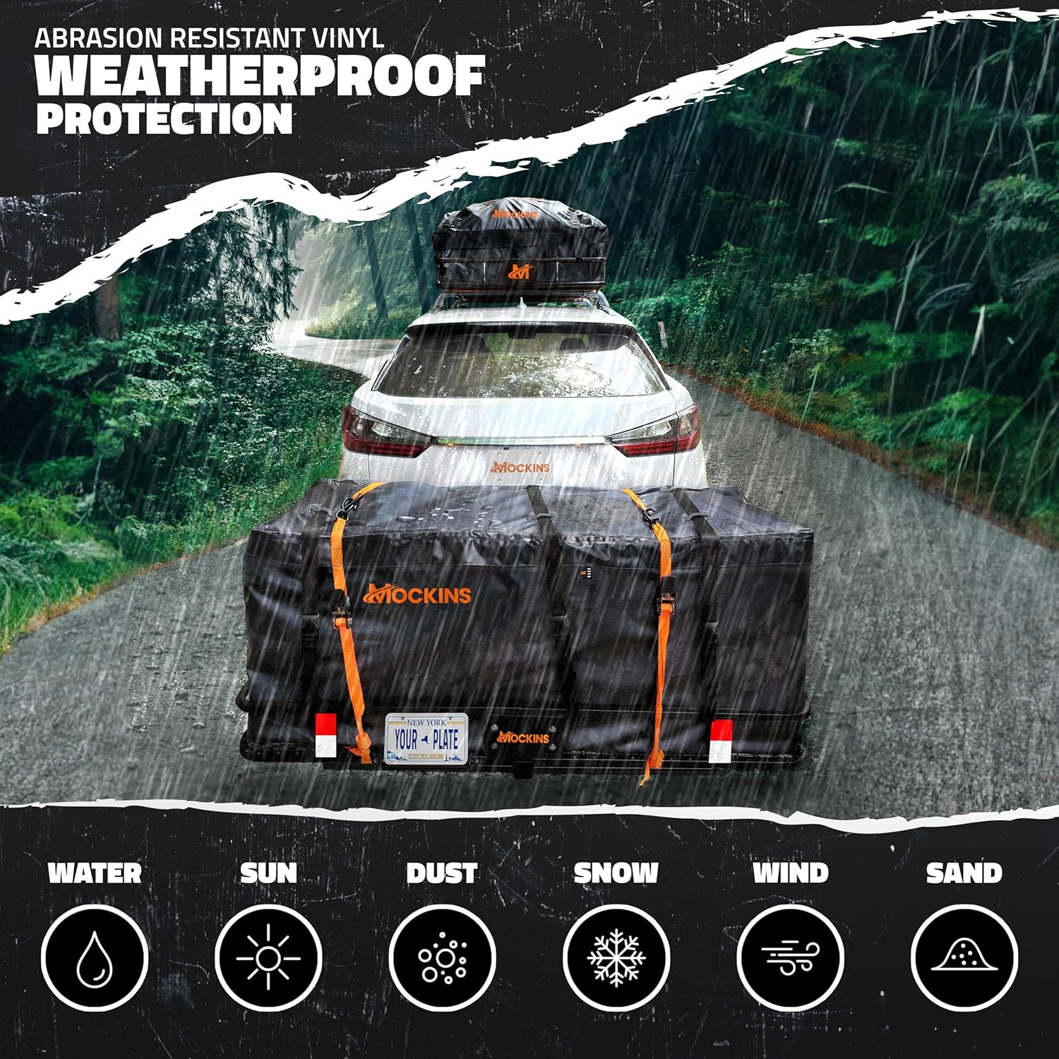 Mockins 60"x20"x6" Heavy Duty Trailer Hitch Cargo Carrier w/License Plate Holder & 16 Cu.Ft. Waterproof Cargo Bag for Hitch Carrier | All-Weather 500 Lbs. Cap Folding Luggage Rack for SUV Car & Truck