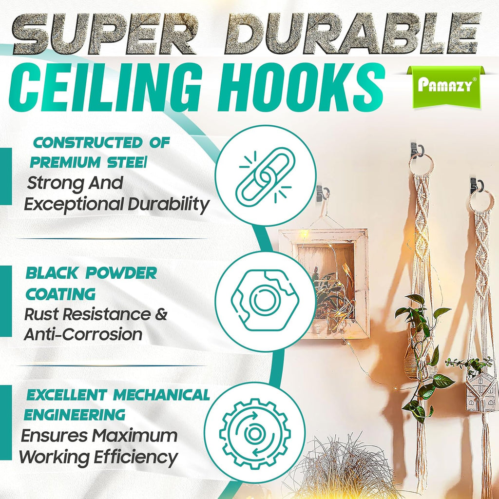 [Upgraded] 8Pcs 200LBS Rotatable Ceiling Hooks with 4 Screw Points Plate Base, Black Wall Mount Metal Hanger for Hanging Plants, Bird Feeders, Lanterns, Lights, Wind Chimes, Indoor Outdoor Decor