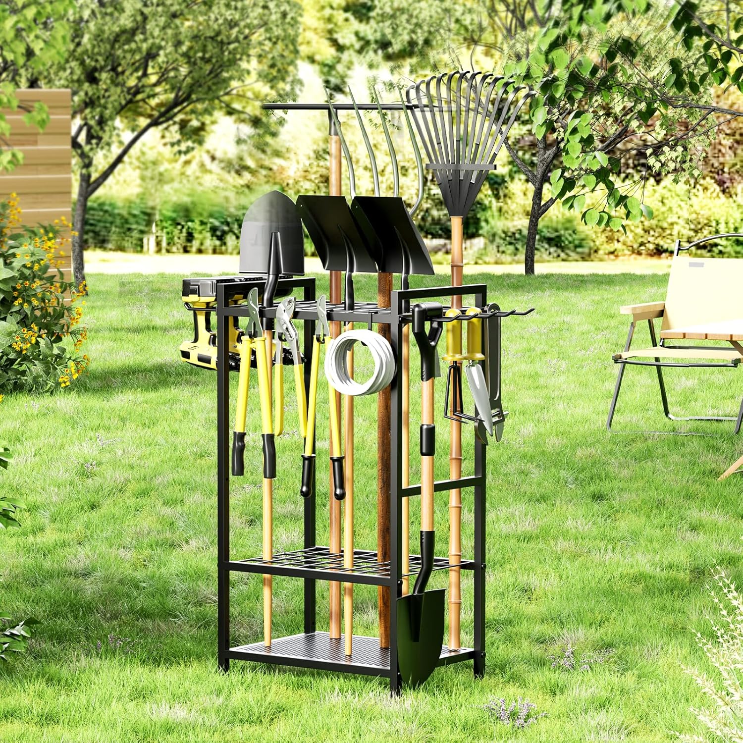 Garden Garage Tool Organizer Yard Tool Organizer for Garage with 4 Hooks, Heavy duty Steel Garden Tool Rack Holds up to 48 Long Handled Yard tools for Storage