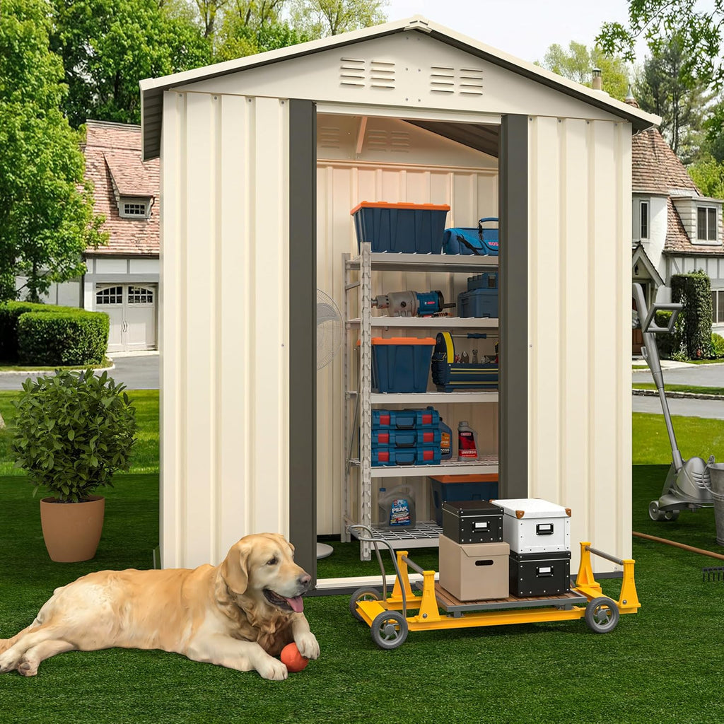 5x3 FT Outdoor Storage Shed, Metal Garden Shed with Lockable Sliding Doors, Small Outside Tool Shed with Sloped Roof & 4 Air Vents, Waterproof Storage Building for Backyard, Patio, Lawn, Cream White