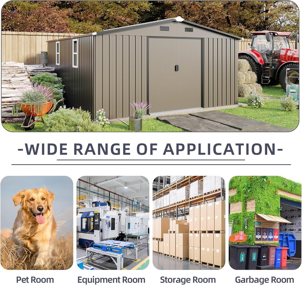 12 x 10 FT Outdoor Storage Shed, Metal Garden Tool Shed with Slooping Roof, Lockable Doors, All-Weather Bike Shed Easy to Assemble for Backyard, Patio, Lawn, Brown