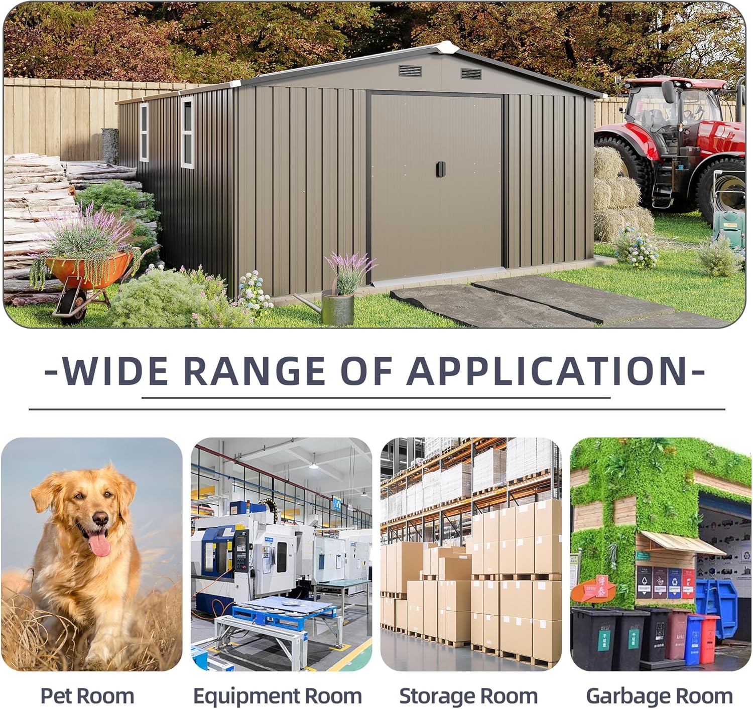 12 x 10 FT Outdoor Storage Shed, Metal Garden Tool Shed with Slooping Roof, Lockable Doors, All-Weather Bike Shed Easy to Assemble for Backyard, Patio, Lawn, Brown