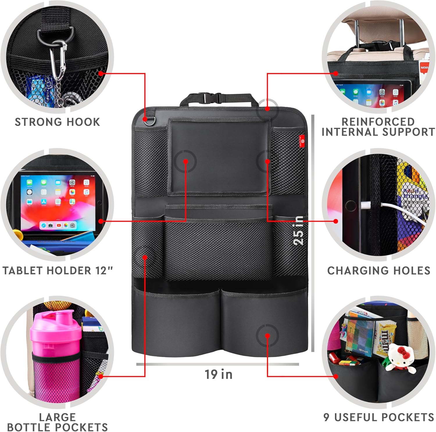 Helteko Backseat Car Organizer, Kick Mats Back Seat Protector with Touch Screen Tablet Holder, Back Seat Organizer for Kids with 9 Storage Pockets, Travel Accessories (2 Pack, Deep Pink)