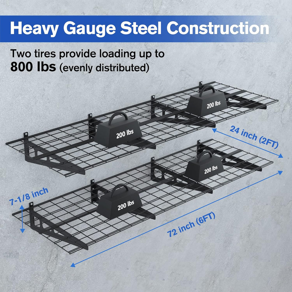 WORKPRO 2-Pack 2x6FT Garage Wall Shelving, 72” x 24” Heavy Duty Wall Mounted Shelving, 800lbs Load Capacity (Total), Metal Wall Shelves Suitable for Shop, Shed, Garage Storage, Black, 1 Sets